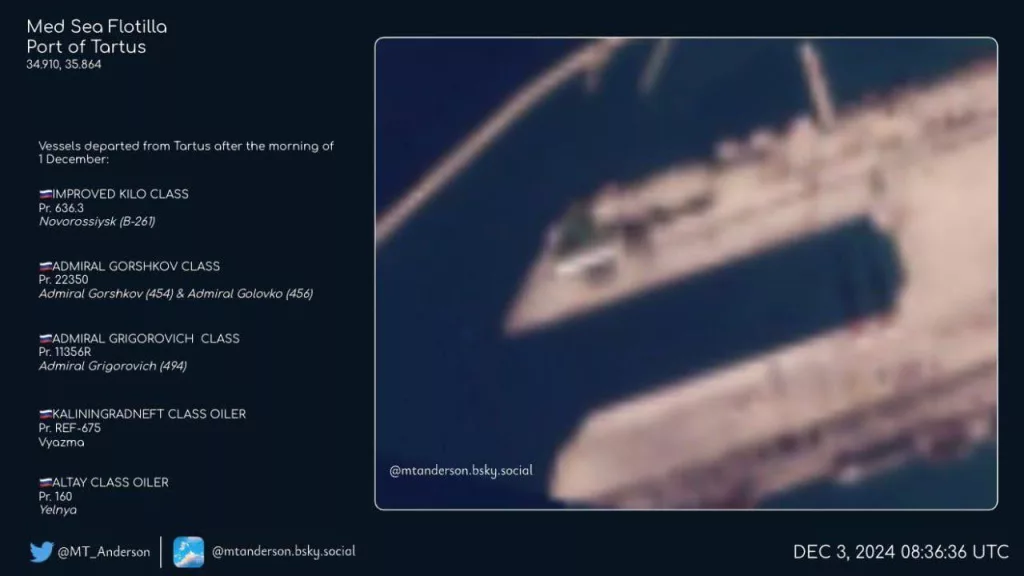 Спутниковые снимки свидетельствуют о том, что российскую военно-морскую базу в Тартусе для учений покинули по меньшей мере пять кораблей