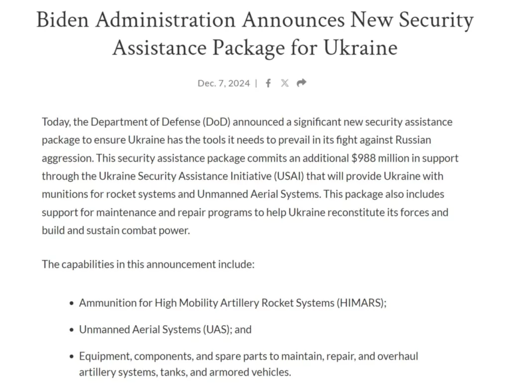 США передадут Украине ещё один пакет военной помощи стоимостью 988 миллионов долларов