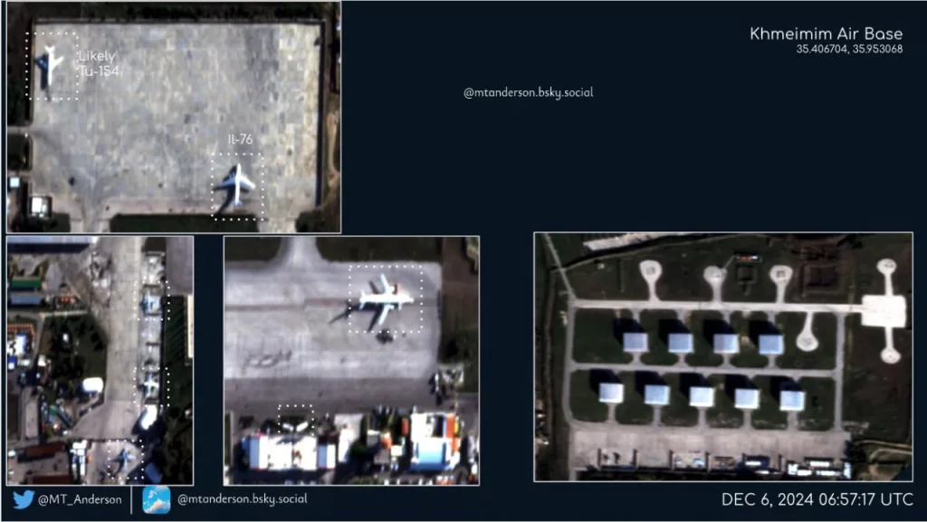 На спутниковых снимках за 6 декабря авиабазы Хмеймим и ПМТО Тартус видно, что подразделения ВС РФ продолжают сохранять свою обычную активность
