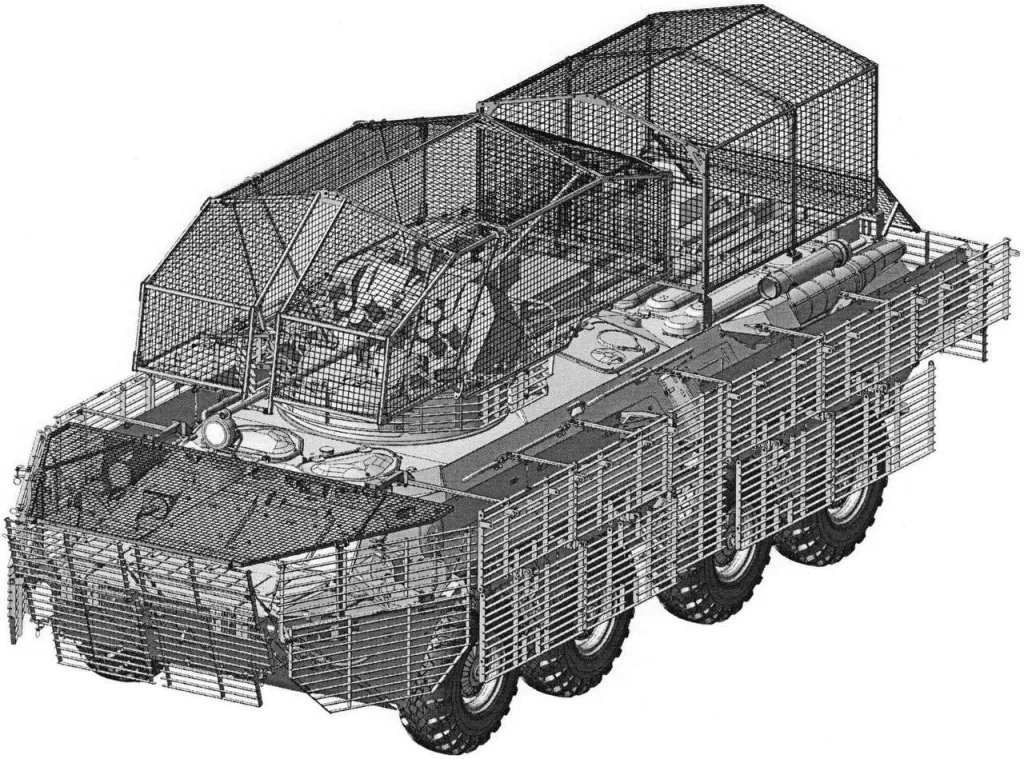 БТР-82А со штатным комплектом защитных экранов заводского производства, а также антидроновыми защитными козырьками, включая защиту моторного отсека
