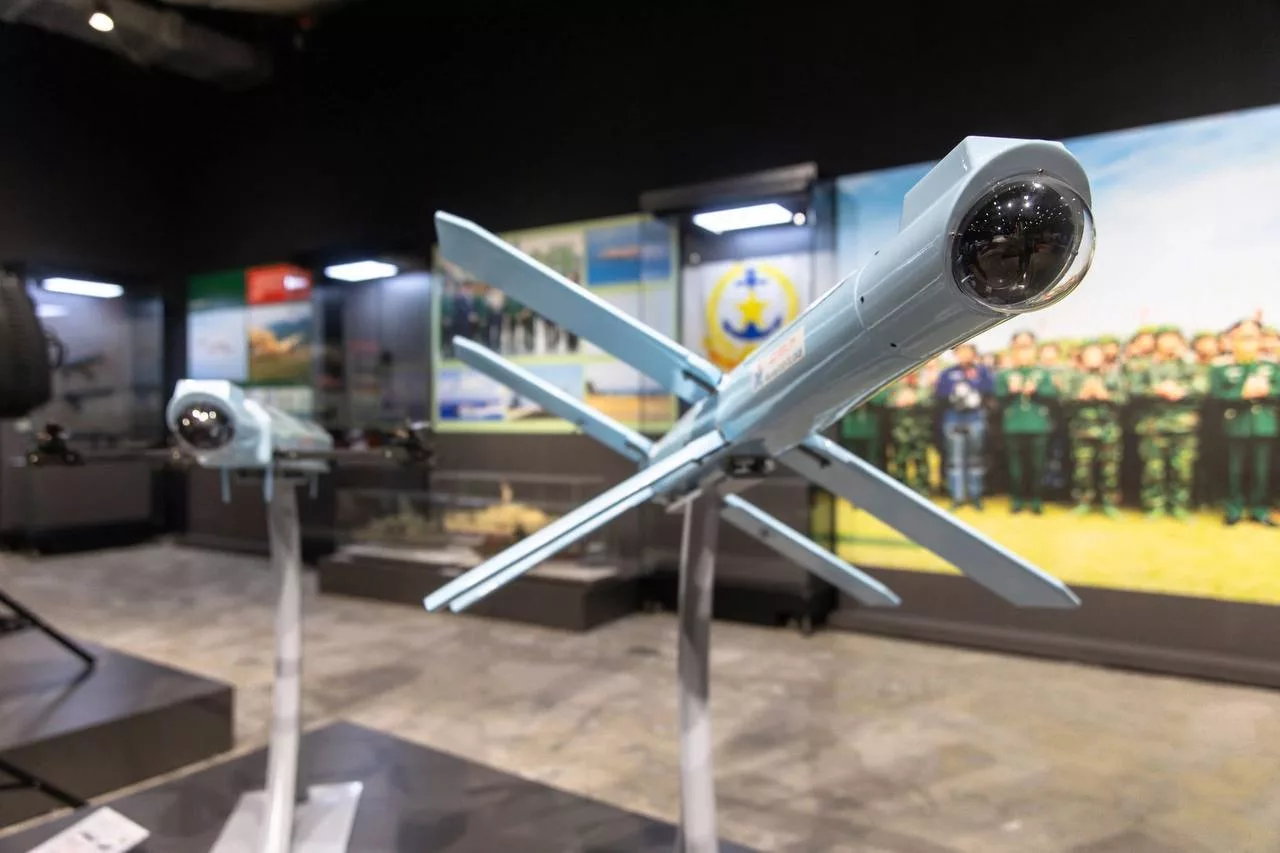 Вьетнамский барражирующий боеприпас BXL.01 производства оружейного предприятия Z131 Главного управления оборонной промышленности, на выставке вооружений Vietnam Defence Expo 2024 в Ханое