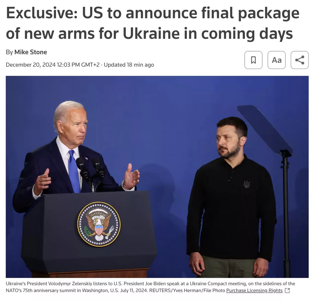 США в ближайшее время объявит о последнем в 2024 году пакете помощи Украине на сумму в 1,2 млрд долл., сообщает Reuters со ссылкой на источники