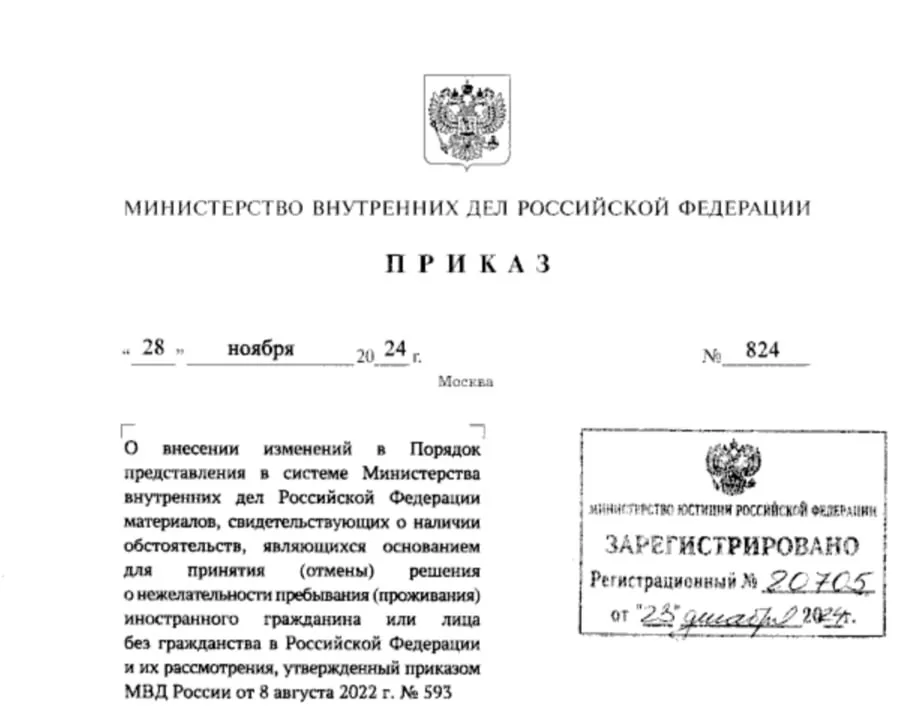 Опубликован приказ МВД России № 824 от 28.11.2024  который предполагает, распространение на родителей несовершеннолетних иностранцев, пребывание которых в России будет признано нежелательным, получения аналогичного статуса