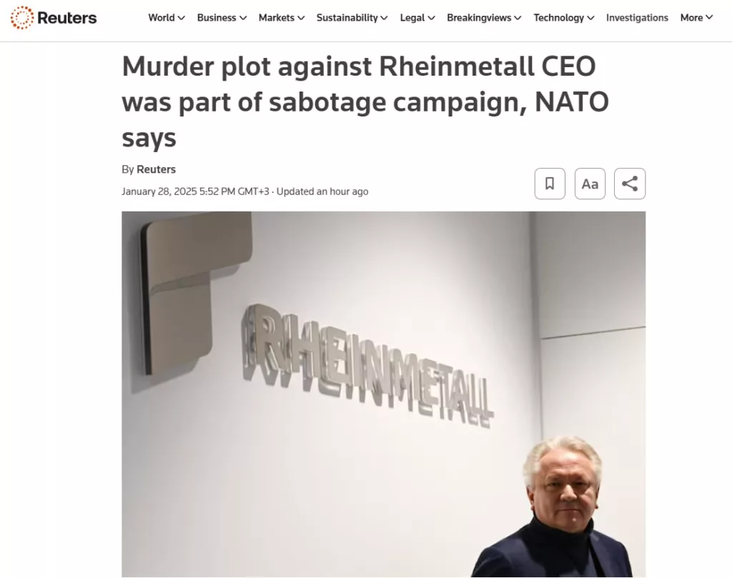 НАТО впервые публично обвинило Россию в подготовке убийства главы Rheinmetall — Reuters