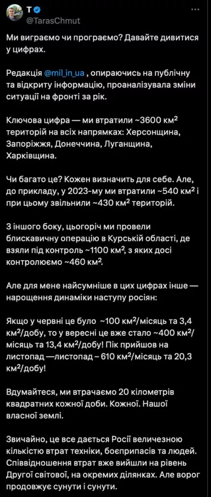 В 2024 году Украина теряла по 20 квадратных километров в день