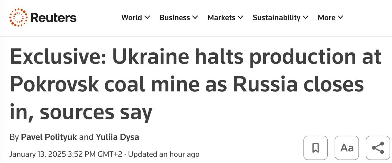 Reuters: Украина остановила добычу угля на Покровской шахте из-за приближения армии РФ