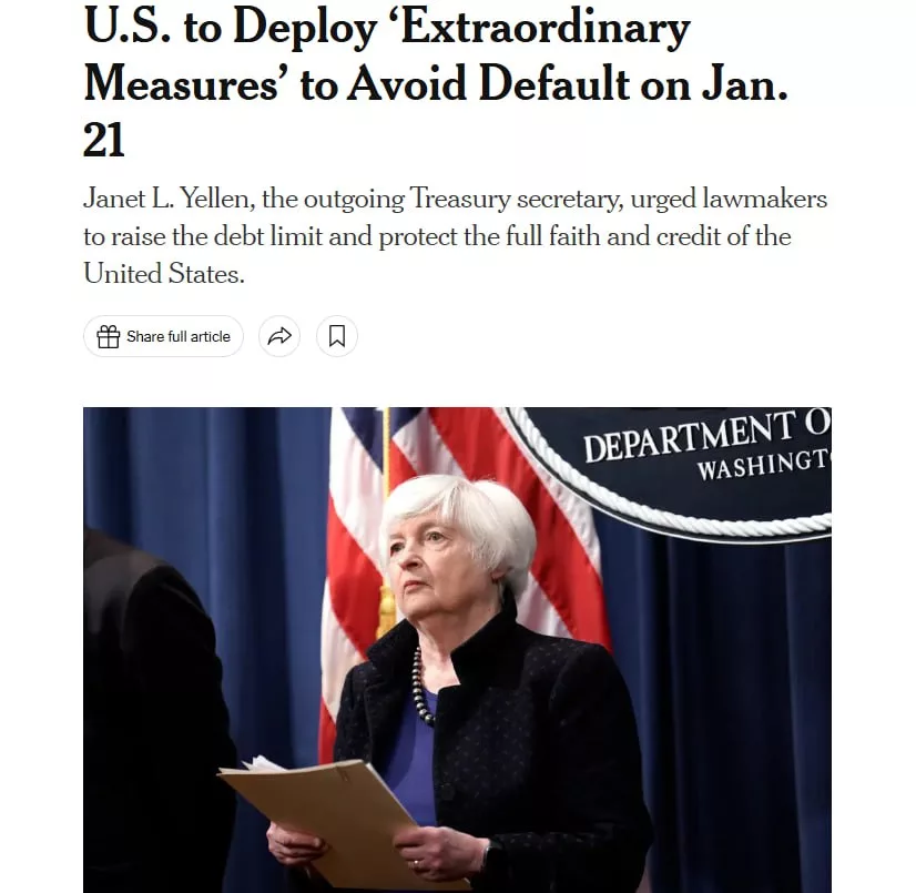 Минфин США с 21 января начнёт принимать чрезвычайные меры для предотвращения дефолта из-за достижения предельного уровня госдолга