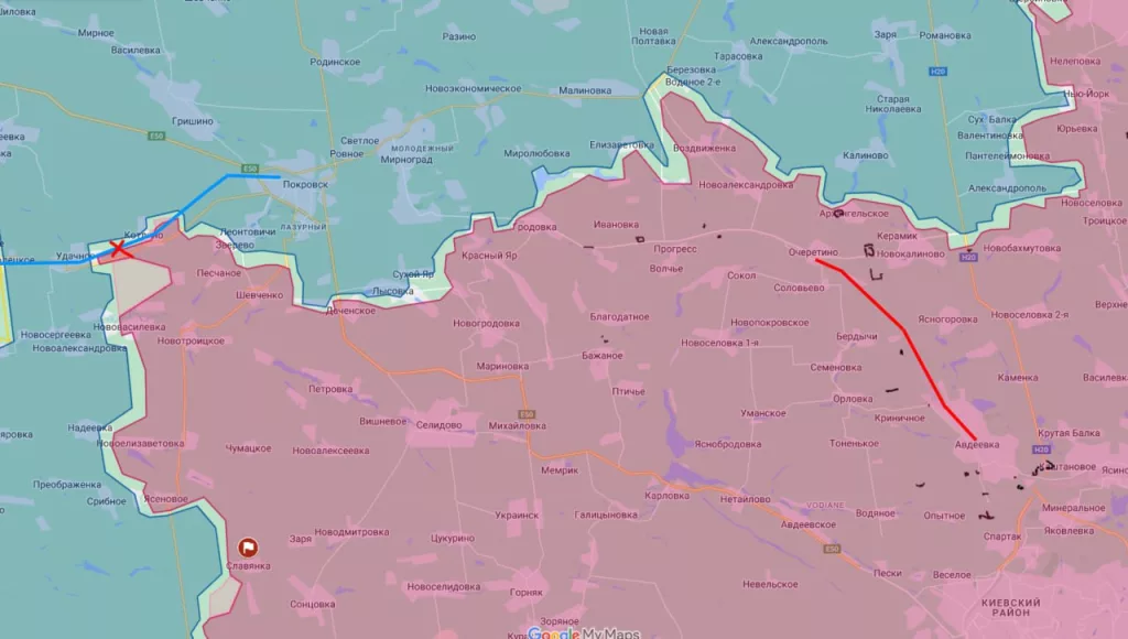 Судя по радиолокационным снимкам (SAR) спутника Sentinel-1, сразу после взятия Очеретино весной 2024 года, ВС РФ приступили к организации железнодорожной логистики от Авдеевки максимально близко к передовой
