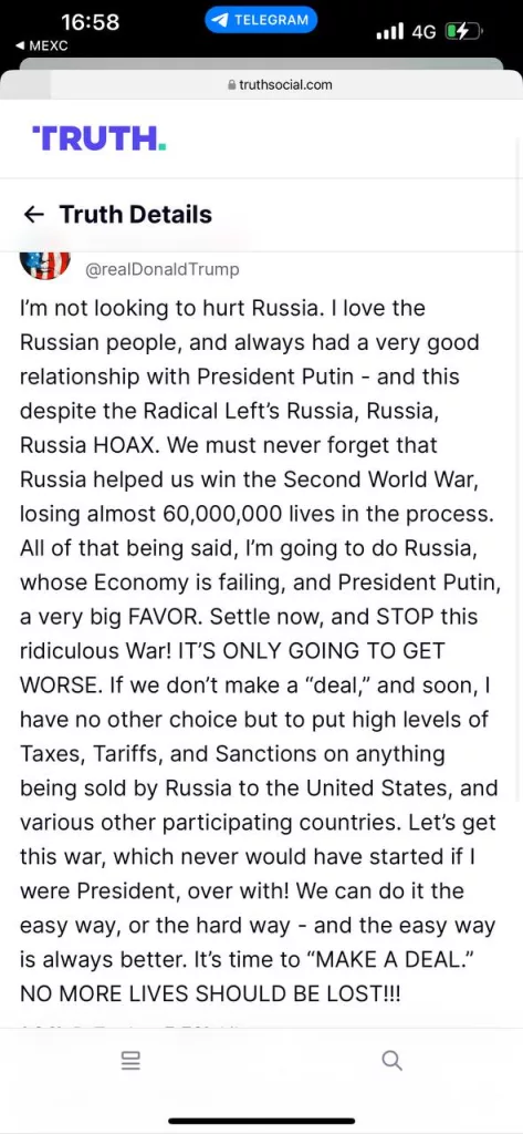 Дональд Трамп в своей социальной сети Truth выступил с обращением к России по поводу конфликта на Украине