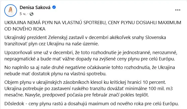 Министр экономики Словакии Дениса Сакова: «У Украины нет газа для собственного потребления, цены на газ достигли самого высокого уровня с Нового года»