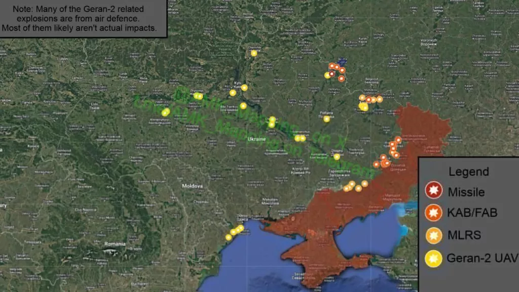 Карта примерных мест взрывов, зафиксированных на территории Украины 30-31 января 2025 года