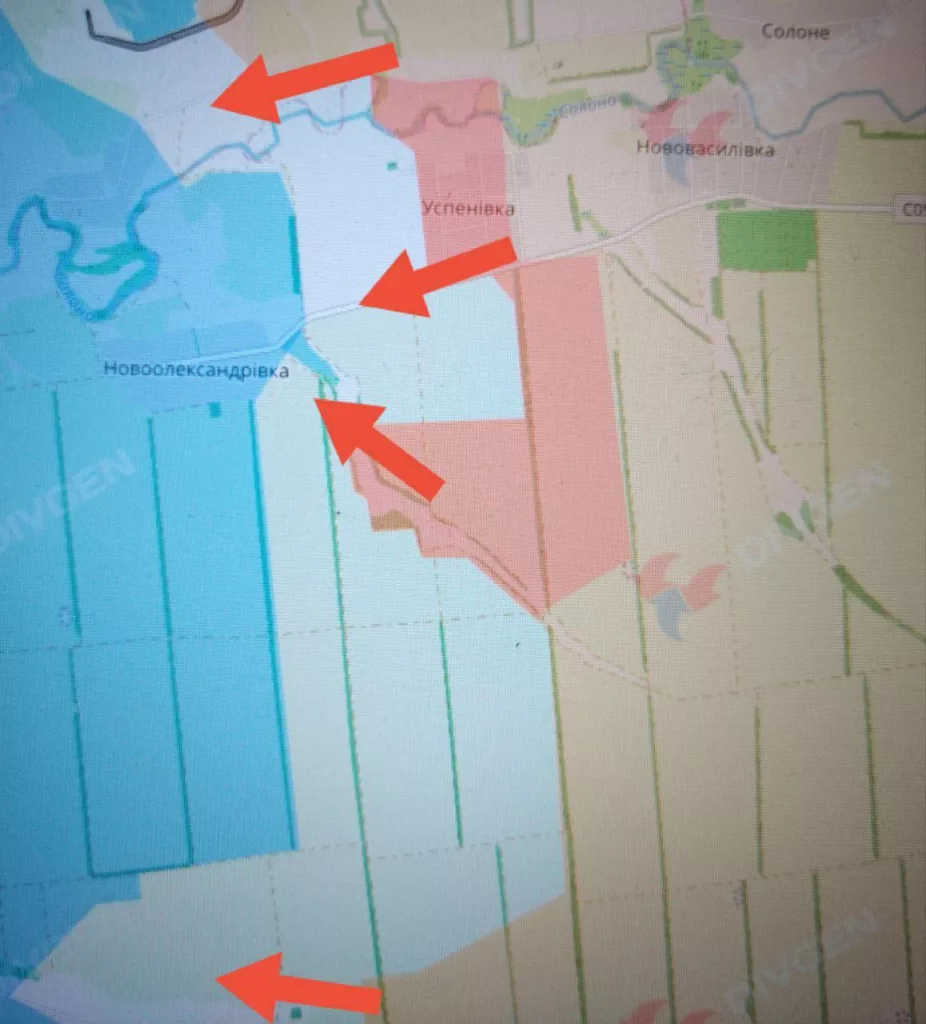 Днепропетровское направление. Подразделения ВС РФ после интенсивной артподготовки и нанесения поражения дронами заняли Успеновку и продолжили наступление в направлении Новоалександровки по балке Шумилина