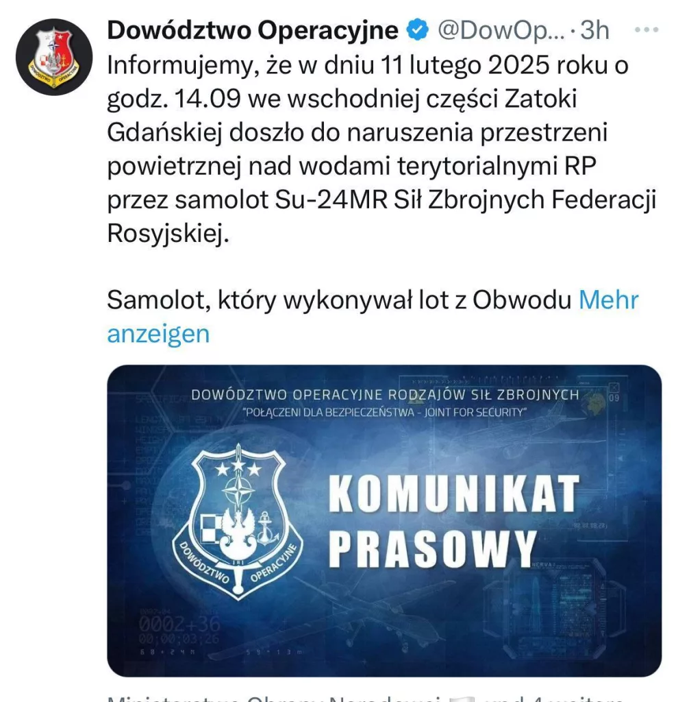 Российский военный самолет вторгся в воздушное пространство Польши