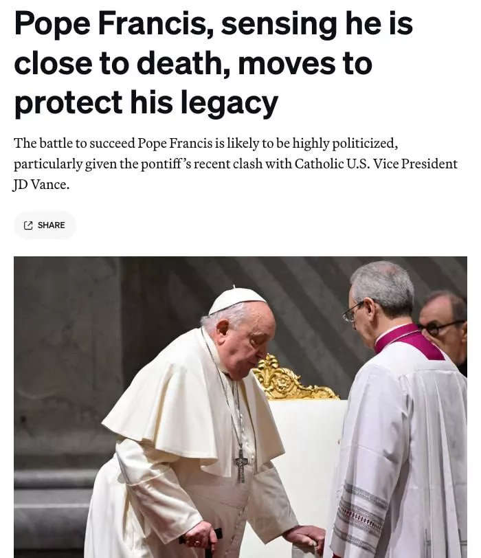 Папа Франциск чувствует, что близок к смерти: после госпитализации с тяжелым бронхитом, Папа в частном порядке выразил уверенность, что на этот раз он не выживет, — Politico
