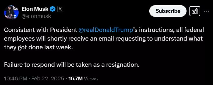DOGE Илона Маска разослал сотням тысяч федеральным служащих США письмо с просьбой