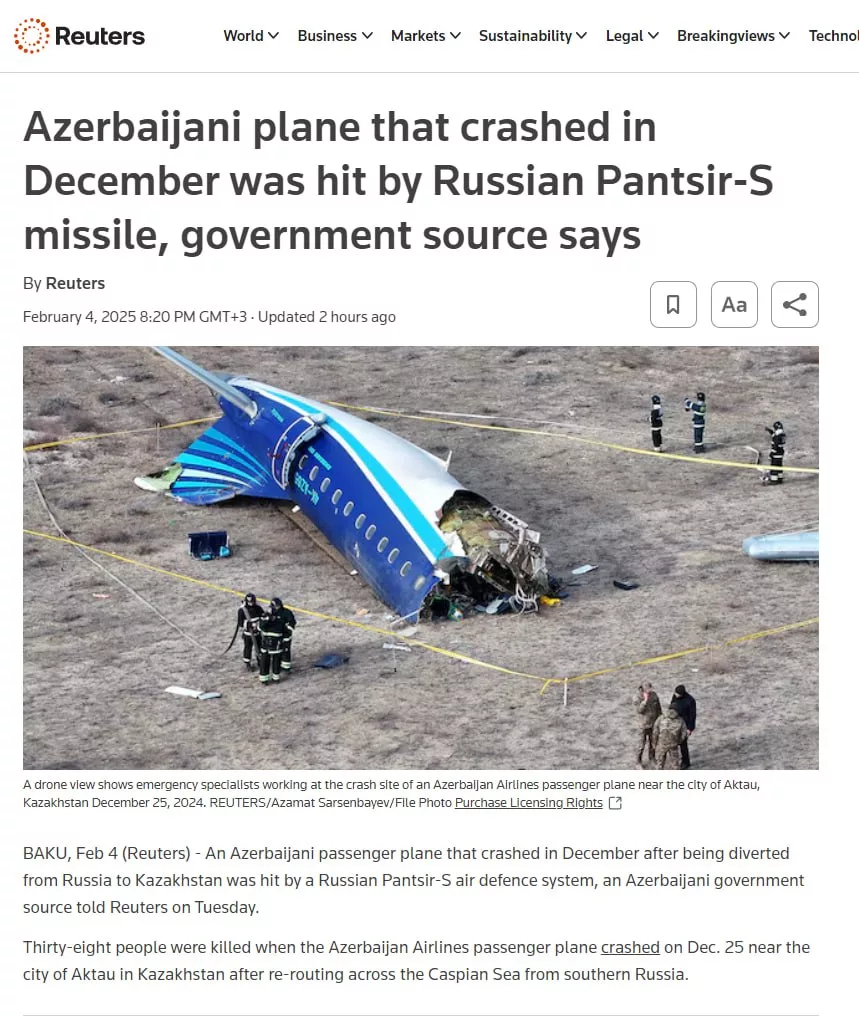 Пассажирский Embraer 190 «Азербайджанских Авиалиний» был сбит российским ЗРПК «Панцирь-С1» — Reuters со ссылкой на источники в правительстве Азербайджана