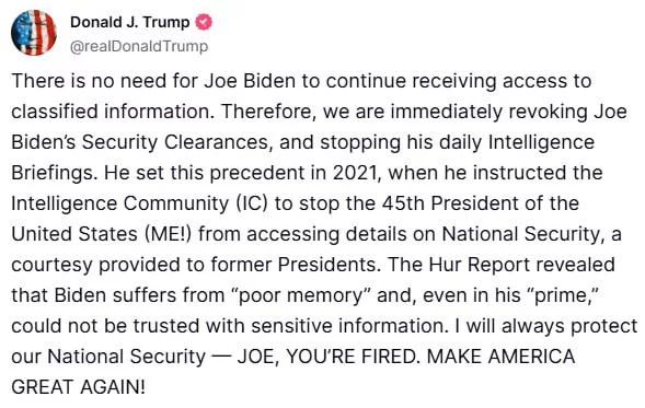«Ты уволен, Джо!» Трамп отменил доступ Байдена к секретным сведениям