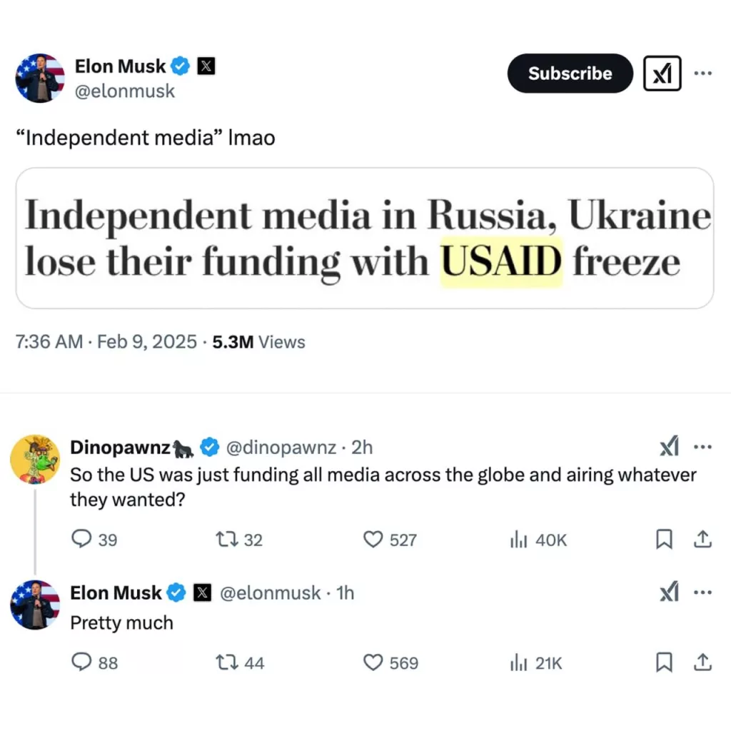 Илон Маск высмеял заголовок, в котором называют «независимыми» СМИ, спонсируемые USAID