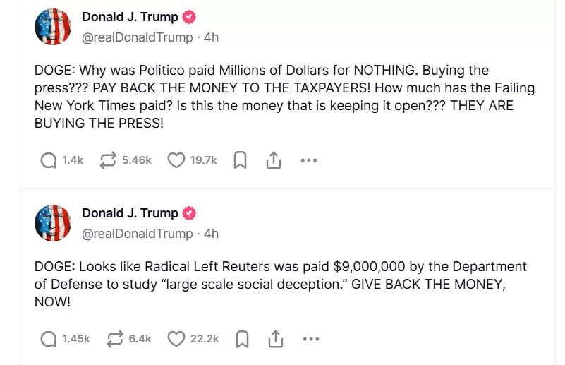 Трамп и Маск атакуют СМИ за «освоение» денег налогоплательщиков