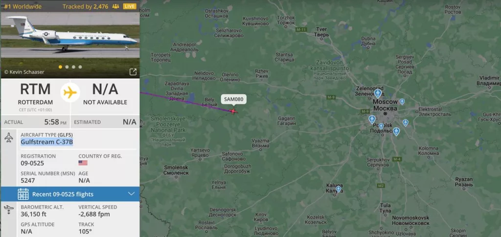 На подходе к Москве из Роттердама любопытный борт. Это ни много ни мало, правительственный Gulfstream C-37B военно-воздушных сил США