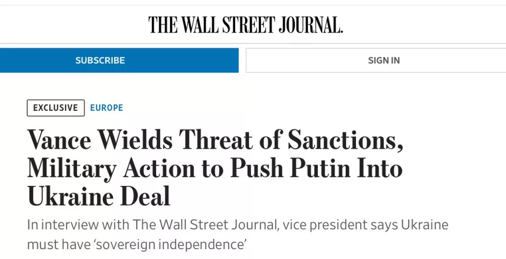 Вице-президент США Джей Ди Вэнс предложил перезагрузить отношения с Россией в случае успешного соглашения по Украине, — The Wall Street Journal