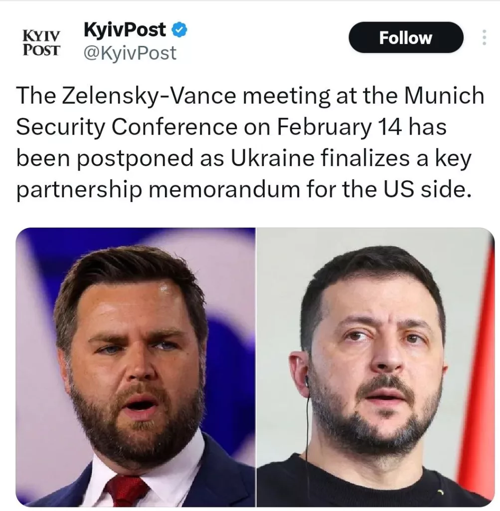Встреча Зеленского и вице-президента США Джей Ди Вэнса, которая должна была состояться на Мюнхенской конференции по безопасности 14 февраля, перенеслась