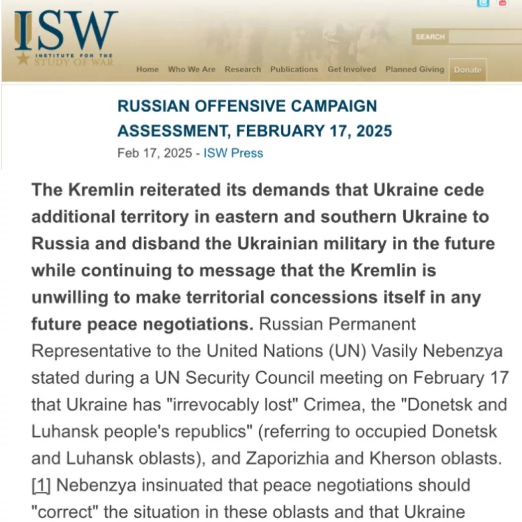 Россия хочет, чтобы Украина уступила еще около 30% территории, которую она не контролирует, — ISW