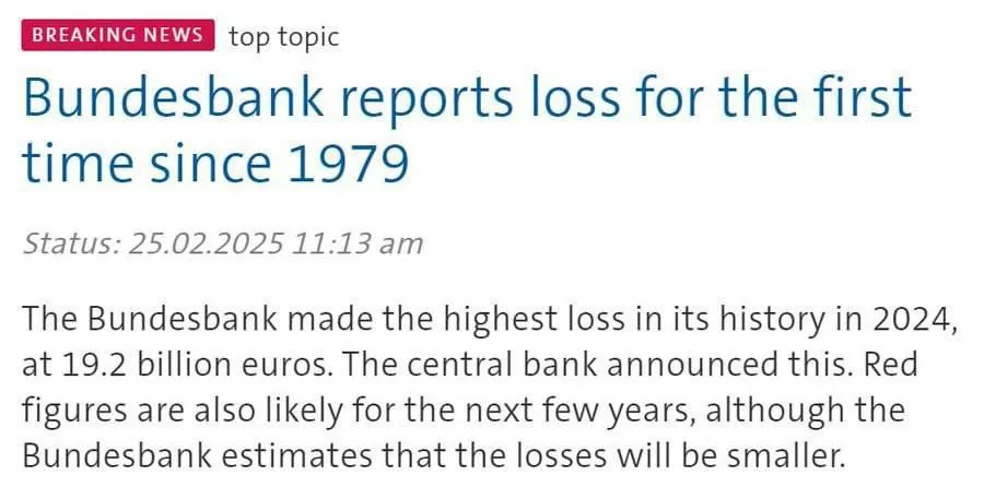 Впервые с 1979 года Центробанк Германии оказался убыточным, зафиксировав €19,2 млрд чистого убытка