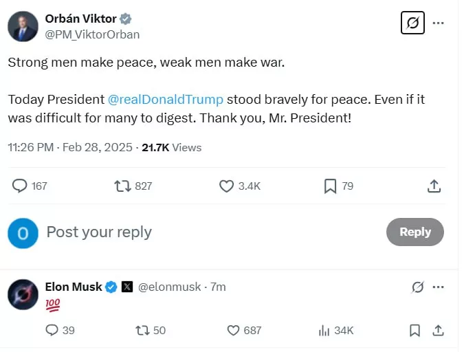 Сильные люди создают мир, слабые — войну, заявил Виктор Орбан после скандальной перепалки Трампа и Зеленского