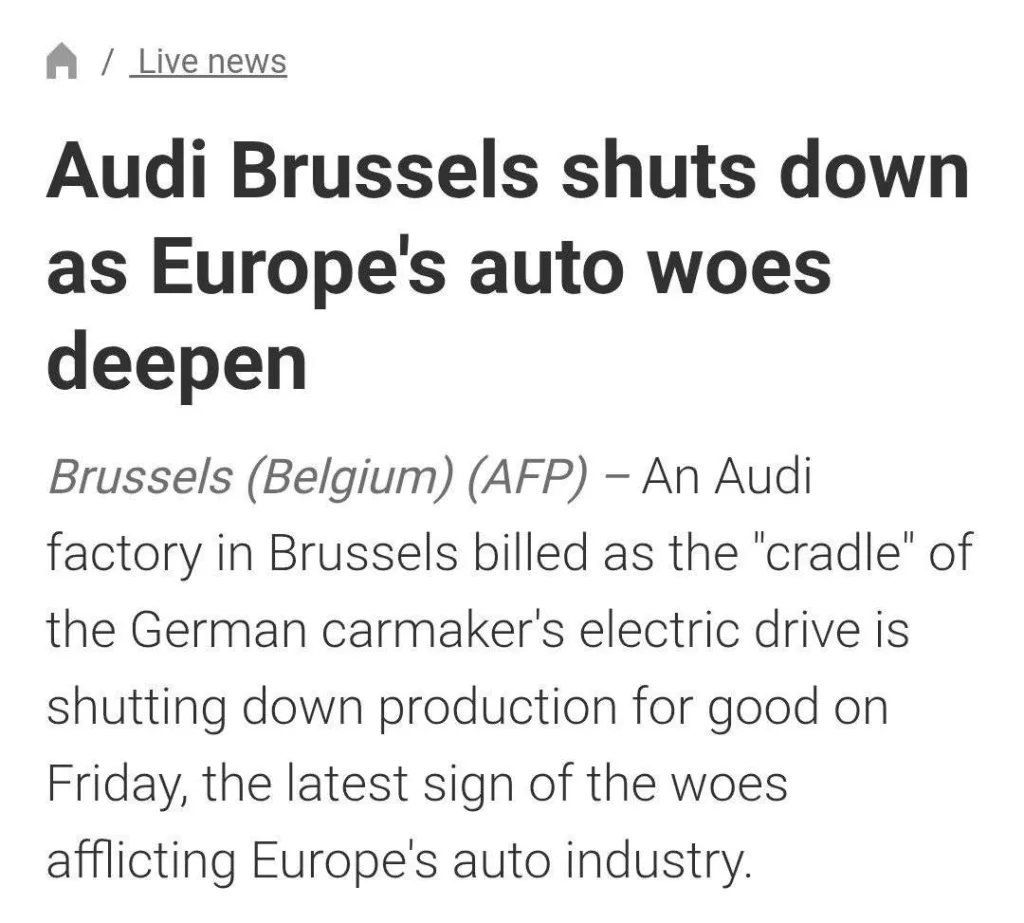 Audi закрыла крупный завод в Брюсселе и уволила тысячи рабочих. Продажи падают, а дешевые китайские автомобили выдавливают рынок