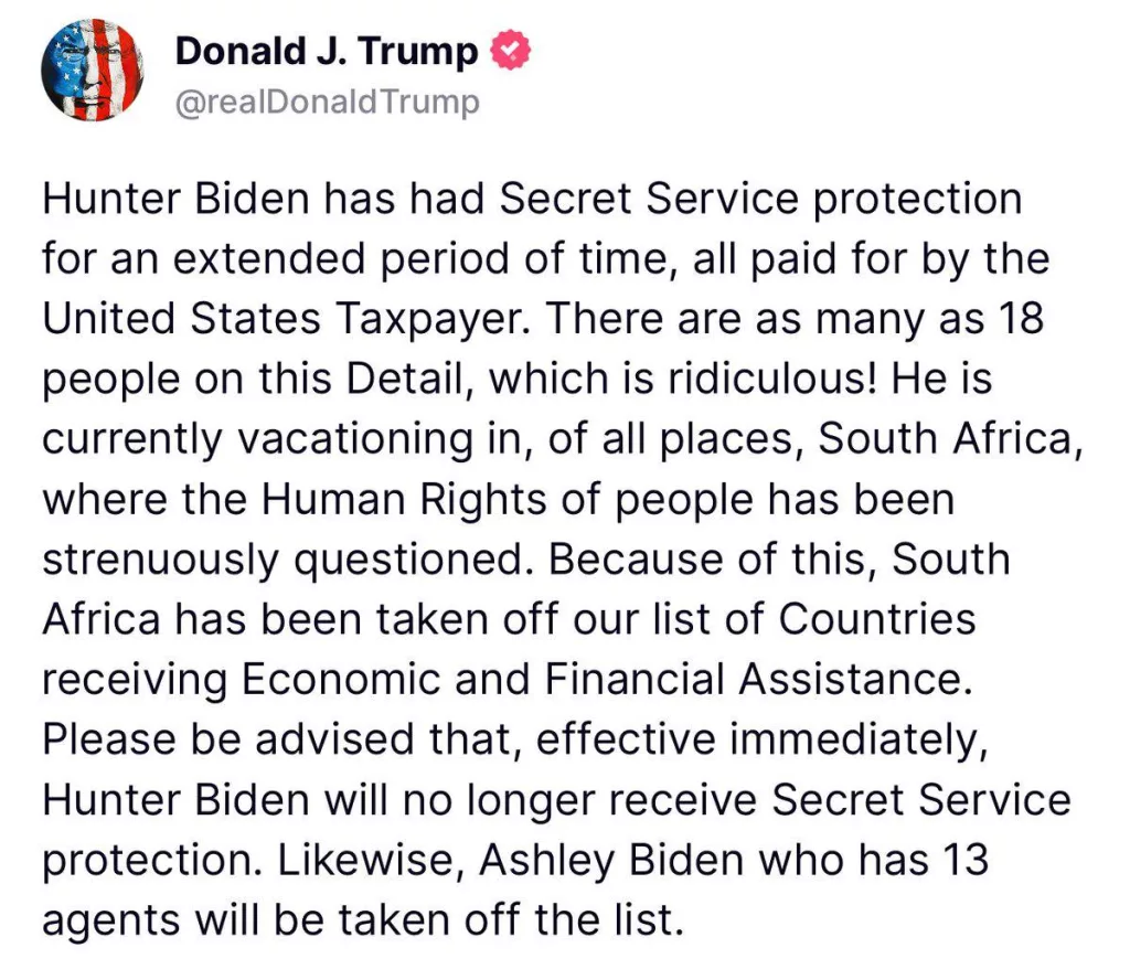 Трамп объявил, что Хантер Байден и Эшли Байден больше не будут пользоваться защитой Секретной службы хотя принято, чтобы дети бывшего президента получали охрану в течение шести месяцев после ухода из Белого дома