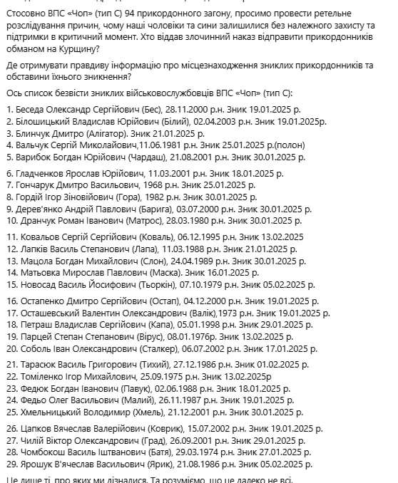 В Курской области "пропал без вести" почти весь Чопский отдел пограничной службы (комендатура) Западного регионального управления ГПС Украины