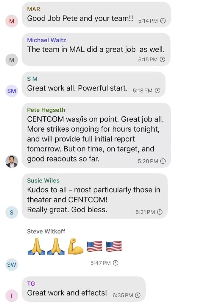 Издание The Atlantic публикует новые скрины, как утверждается, из секретного чата в Signal с чиновниками США, где обсуждали план удара по хуситам