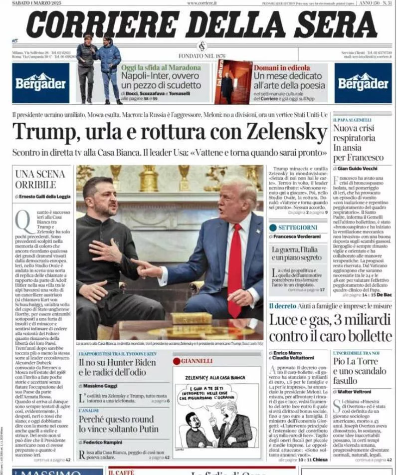 Первые полосы западных газет посвящены встрече Зеленского и Трампа в Вашингтоне — и сорванной сделке Украины и США