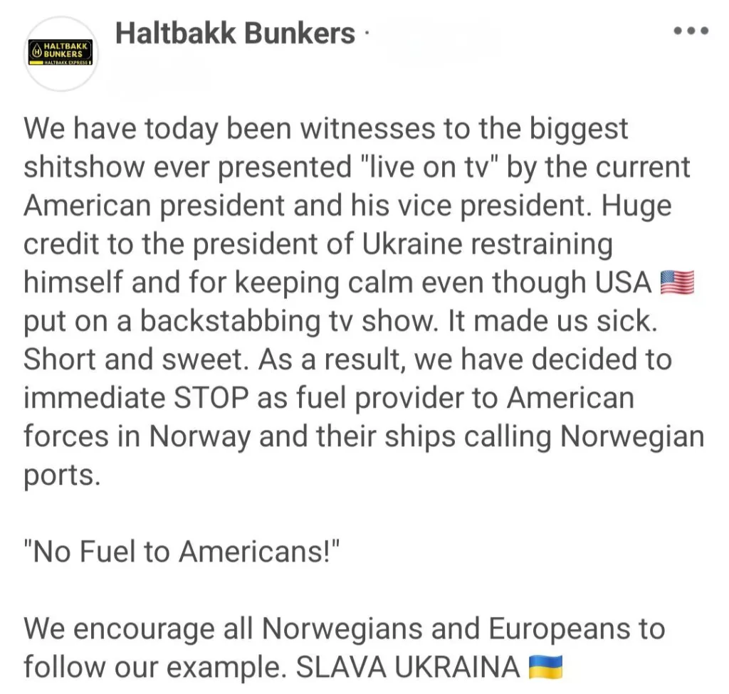 Норвежская компания по производству морского топлива Haltbakk Bunkers — о прекращении заправки судов ВМС США