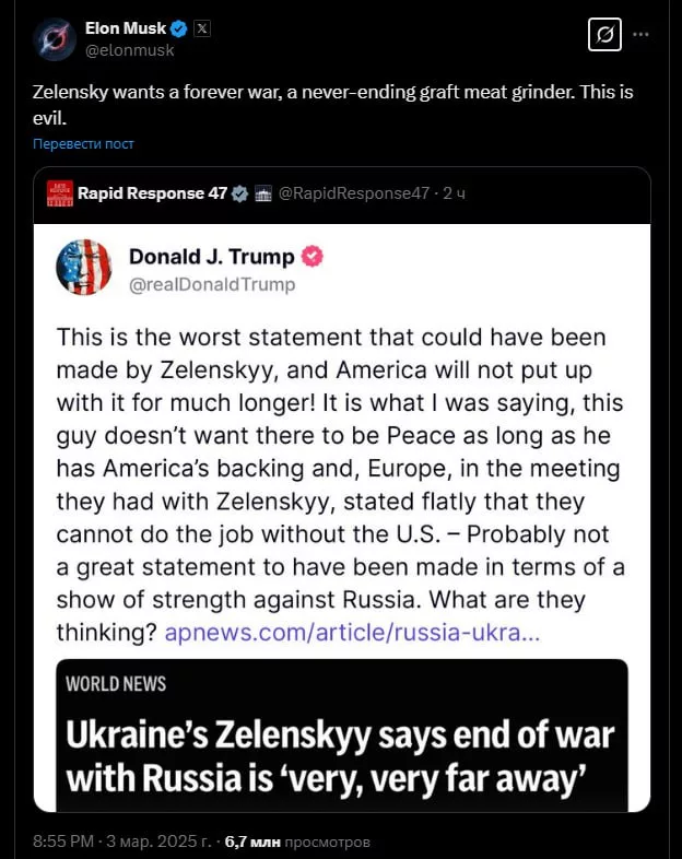 «Вечную войну и бесконечную коррупционную мясорубку»: Маск объявил, чего хочет Зеленский