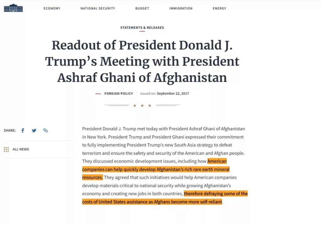 Все новое это хорошо забытое старое: в 2017 году Трамп предлагал начать разработку редкоземельных металлов в Афганистане чтобы компенсировать оказываемую многолетнюю помощь со стороны США