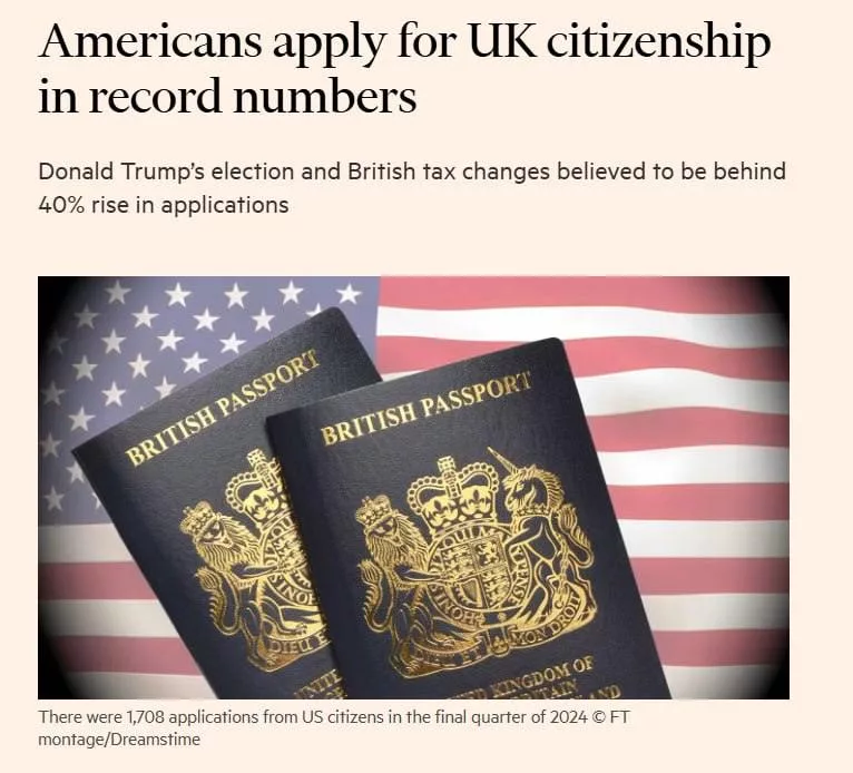 Рекордное число американцев подали заявки на гражданство Великобритании из-за возвращения Трампа к власти, - Financial Times