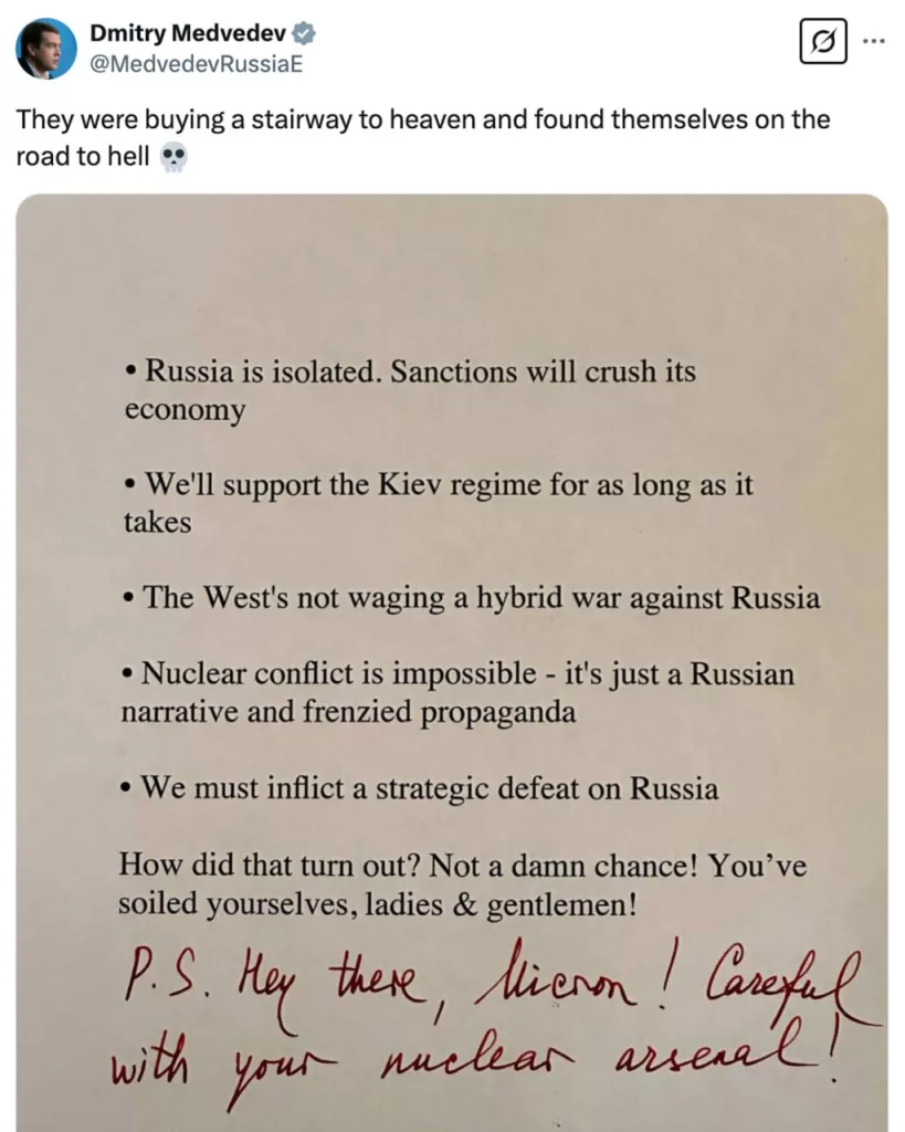 Дмитрий Медведев напомнил Западу его основные догмы последних лет о том, что «Россия изолирована», а Киев будут поддерживать, «сколько потребуется»