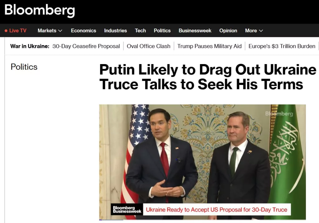 Владимир Путин будет тянуть переговоры о перемирии — Bloomberg