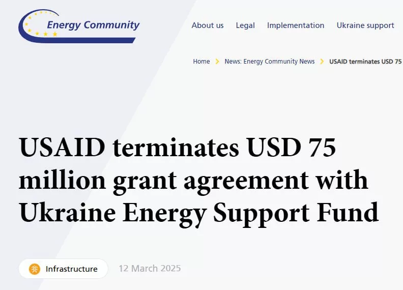 USAID разорвал соглашение на 75 млн долларов грантов с Фондом поддержки энергетики Украины