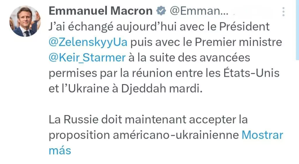 Макрон выдвинул России ультиматум. По его словам, она должна принять предложение США и Украины о 30-дневном перемирии