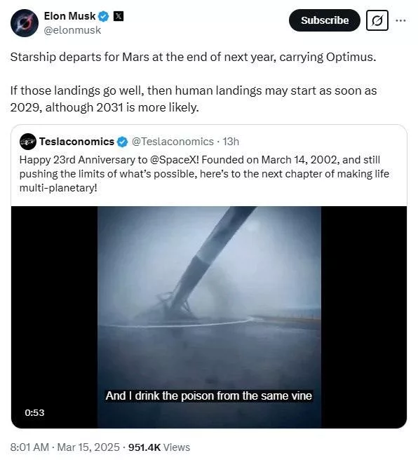 Илон Маск заявил, что космический корабль с  человекоподобным роботом Optimus полетит на Марс в конце 2026 года
