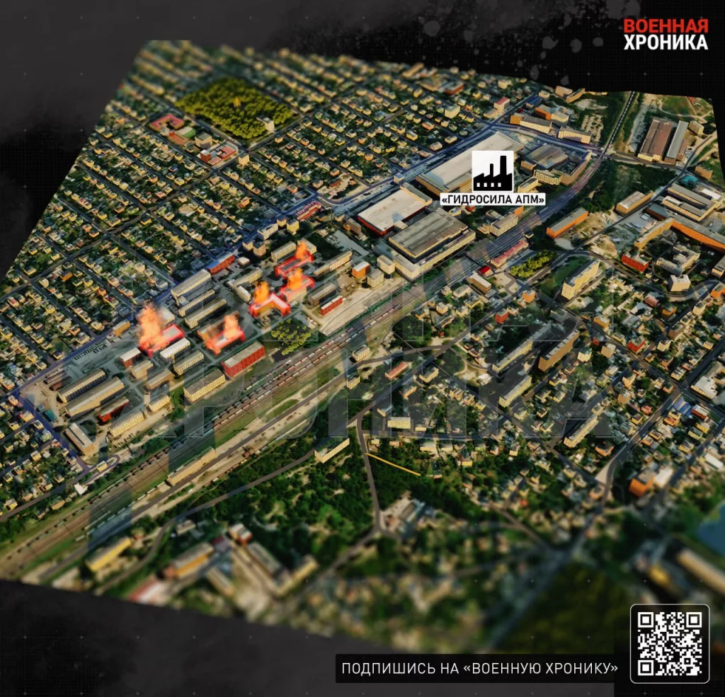 Приблизительный характер повреждений в промзоне завода «Гидросила АПМ» и рядом на территории 17-го центра технического обеспечения В/Ч А-1840 в Кировограде