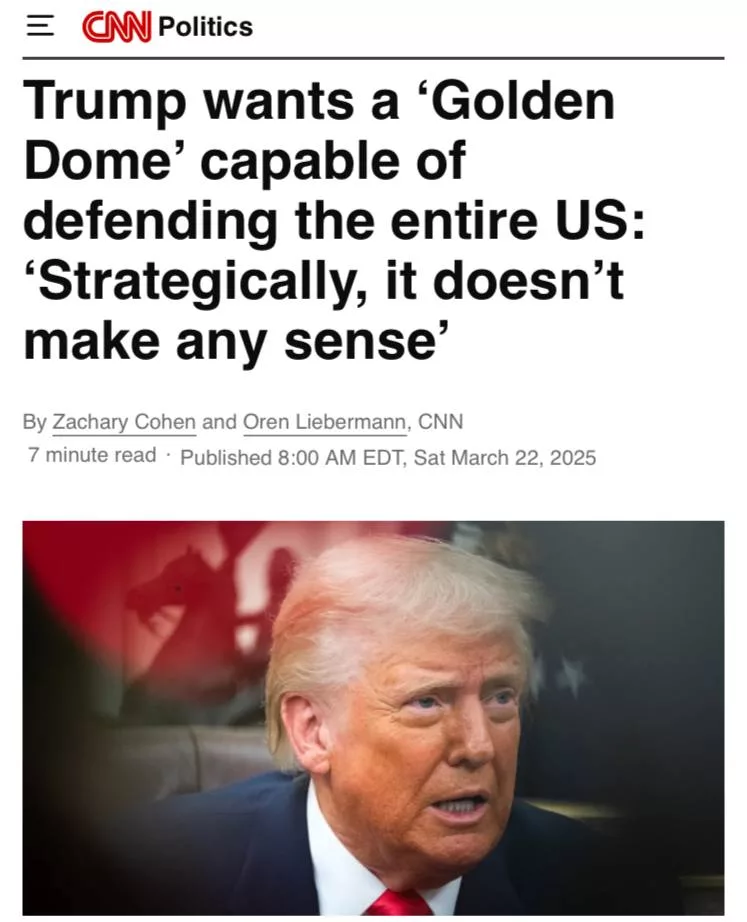 США экстренно разрабатывают систему ПРО "Золотой купол", — CNN (https://edition.cnn.com/2025/03/22/politics/pentagon-golden-dome-scramble/index.html)