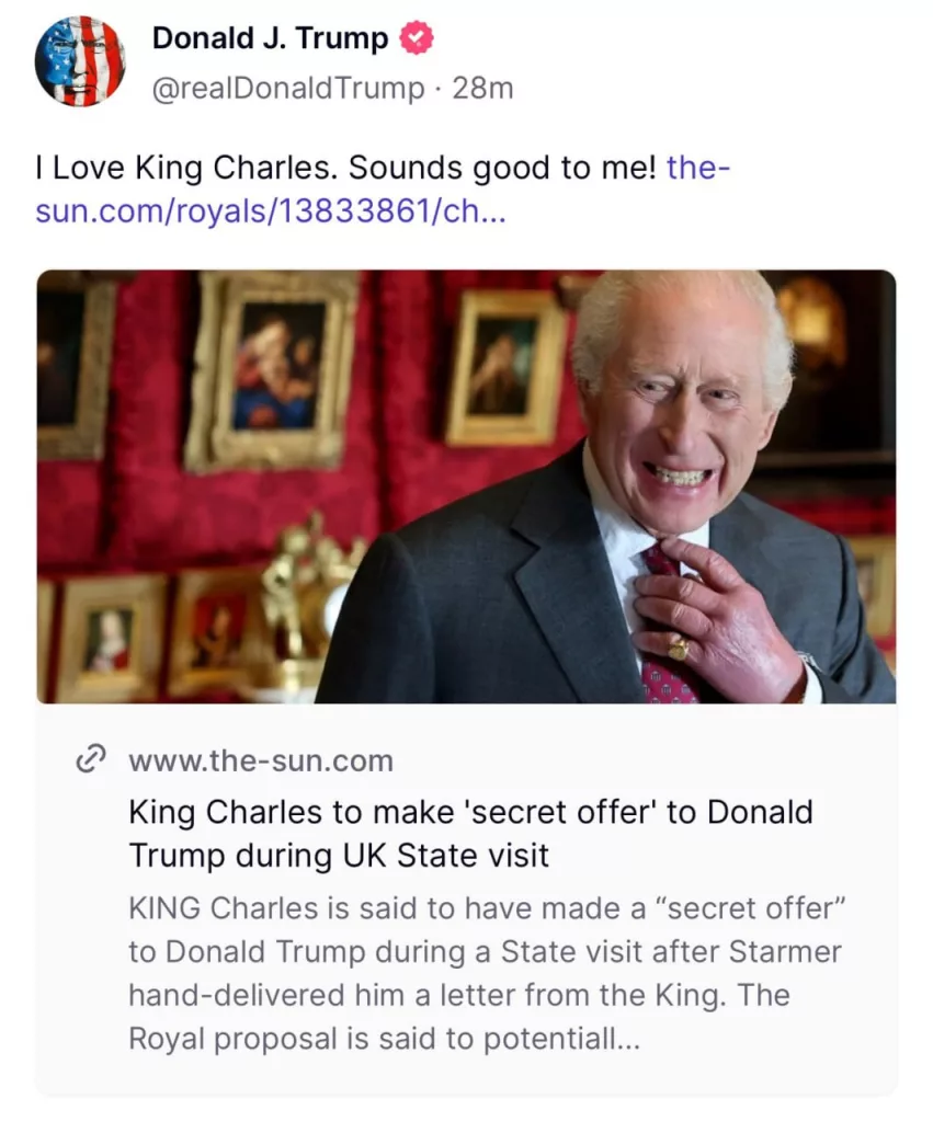 Трамп написал, что любит короля Великобритании Карла III: