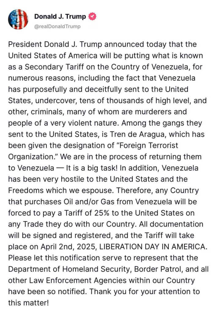 Трамп введёт 25-процентный тариф для всех стран, покупающих нефть и газ у Венесуэлы