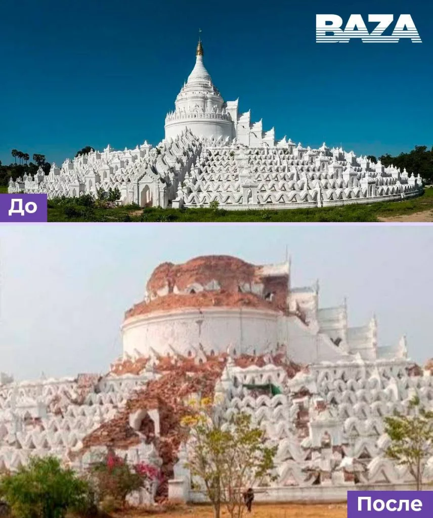 Знаменитая белая пагода Синбьюме в Мингуне разрушена после землетрясения в Мьянме. Также из-за толчков пострадали десятки самых популярных туристических мест