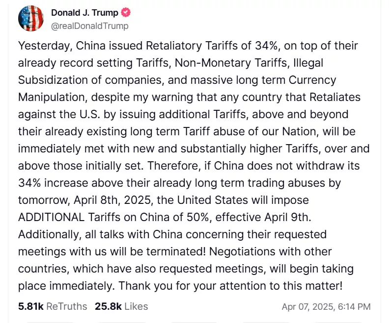 Трамп дал Китаю сутки на отмену пошлин, иначе последует жёсткий ответ