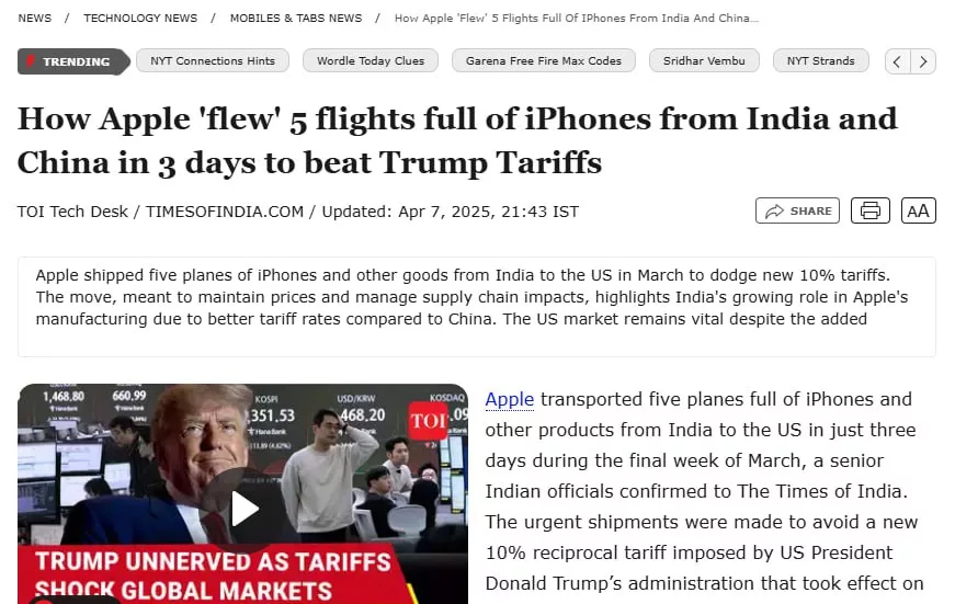 Apple устроила «авиамост» из Индии в США, чтобы обойти пошлины Трампа